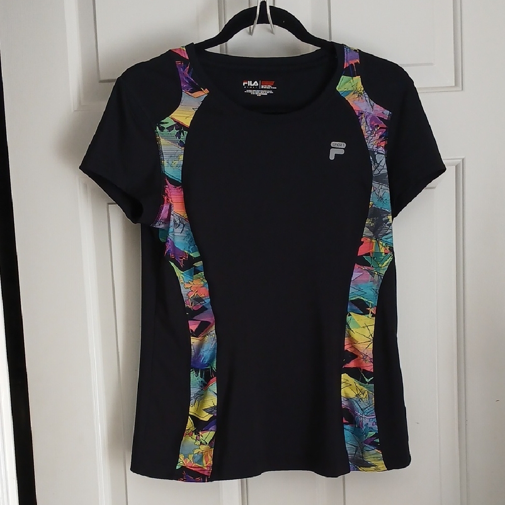 Fila Black Short-Sleeve Active Tee with Multicolor Side Panels